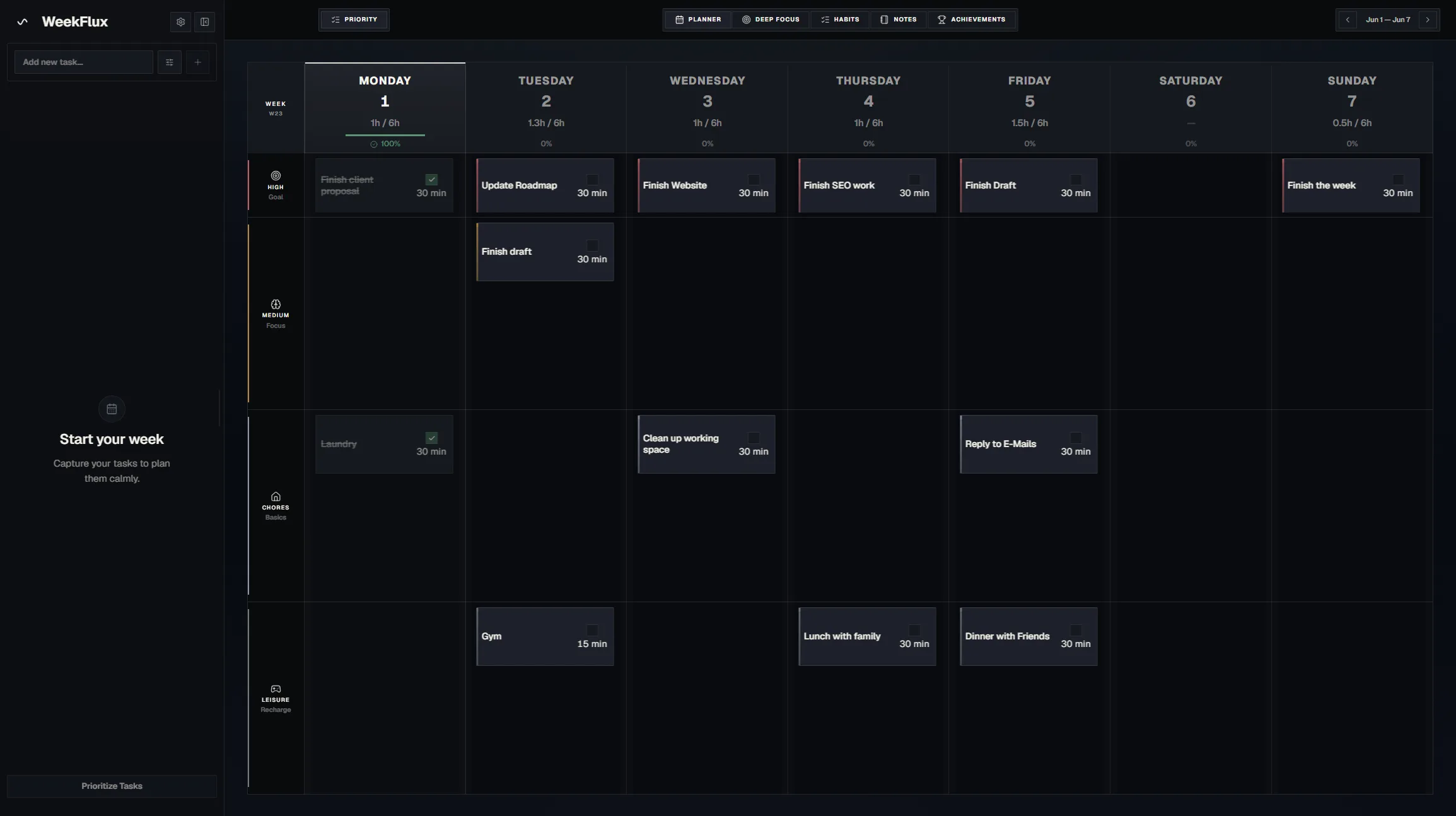 WeekFlux planner board.