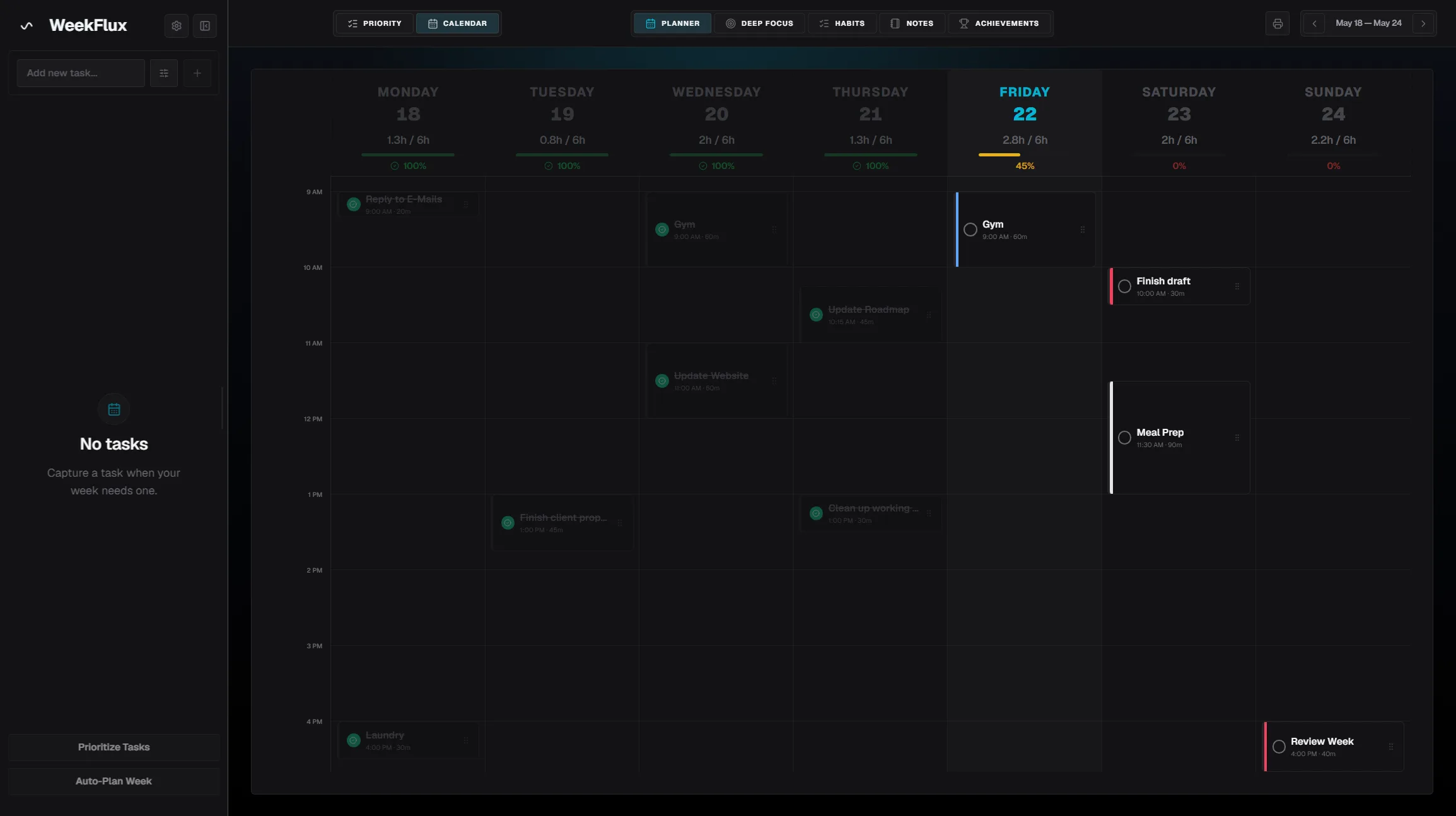 WeekFlux calendar view.