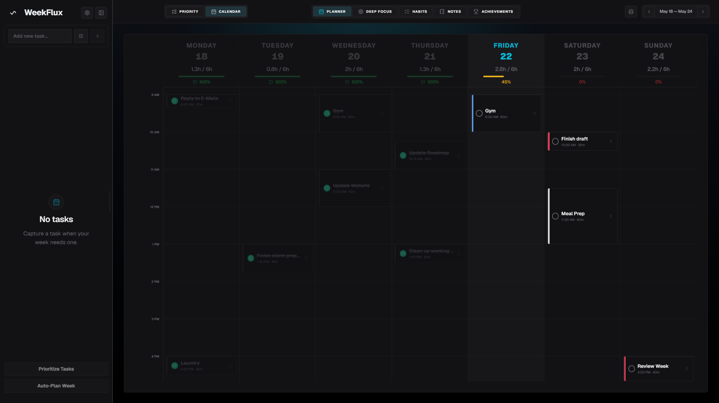 WeekFlux calendar view.