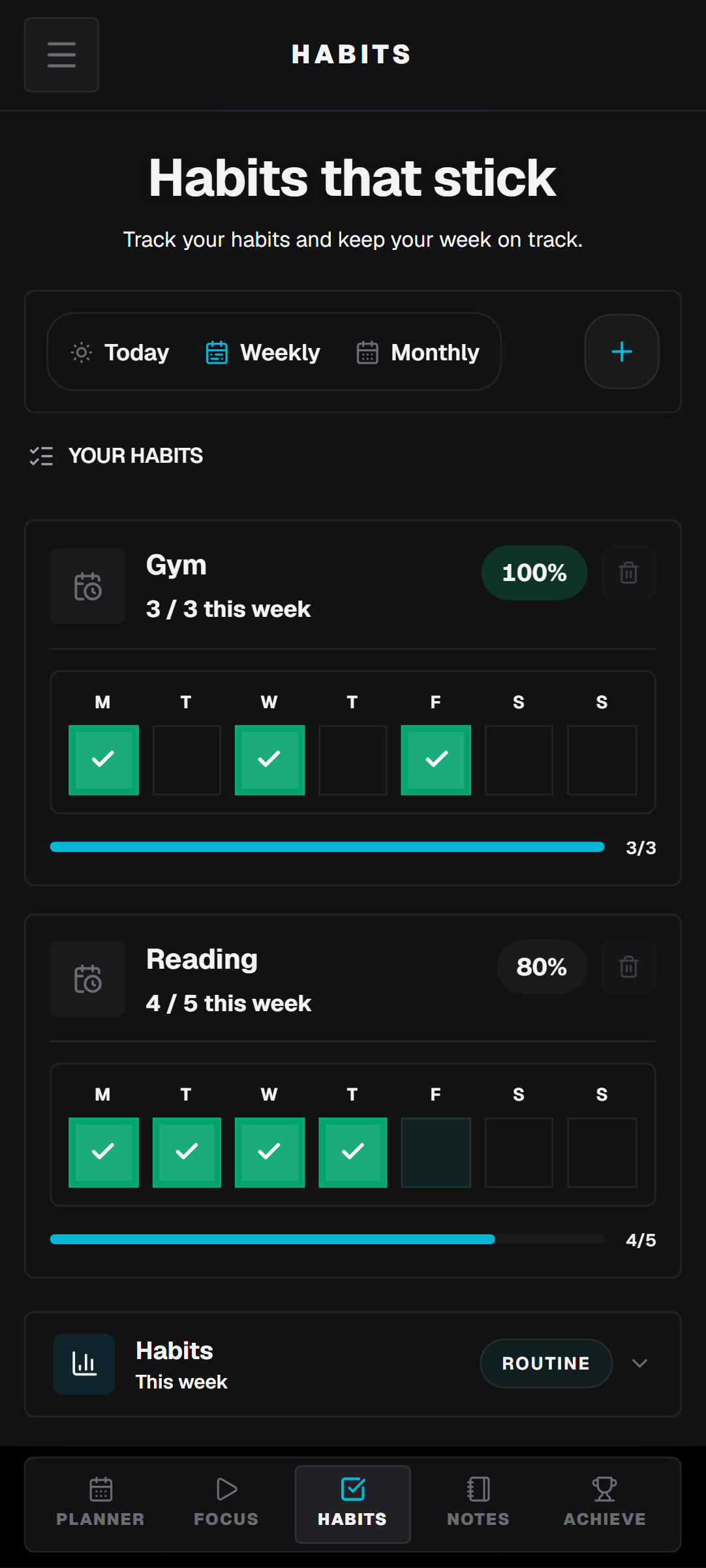 WeekFlux habits view.
