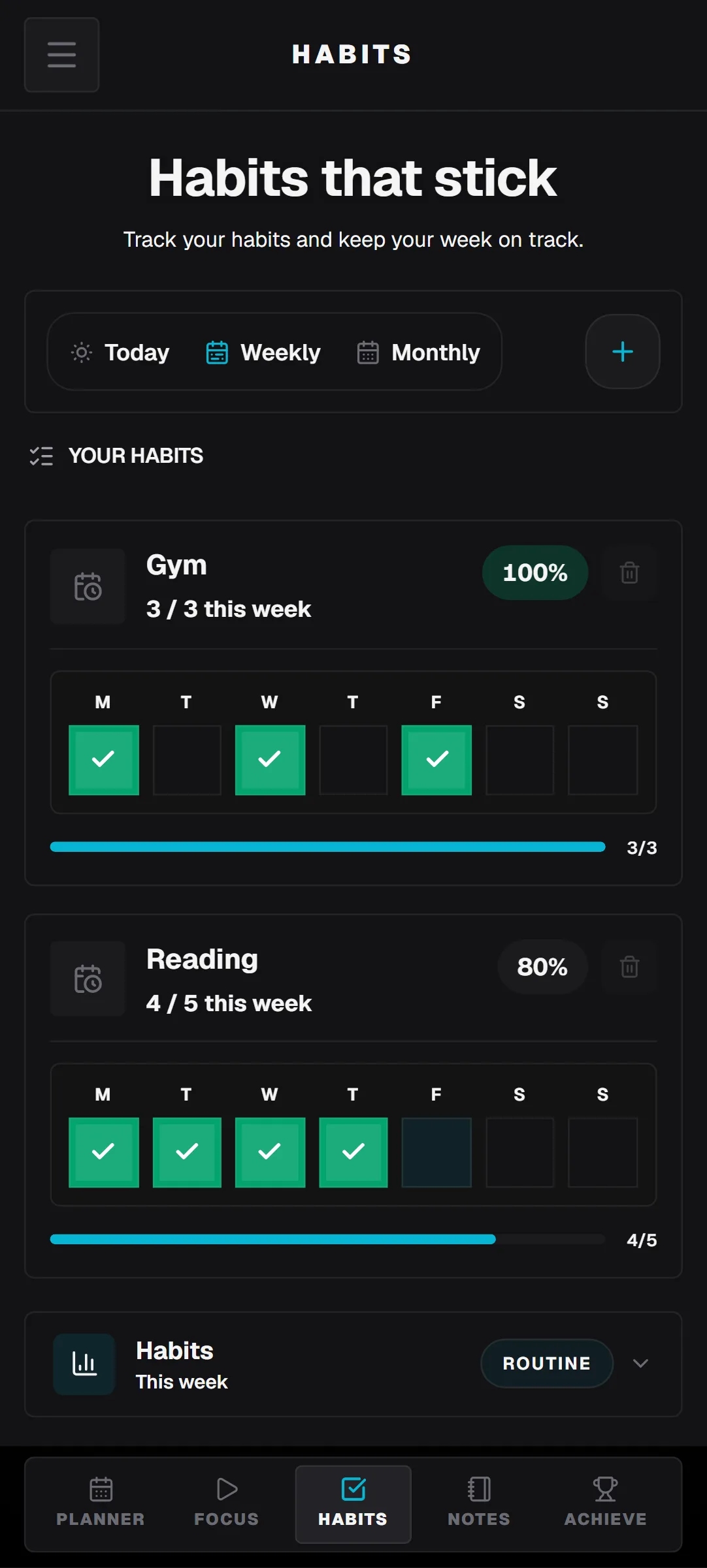 WeekFlux habits view.