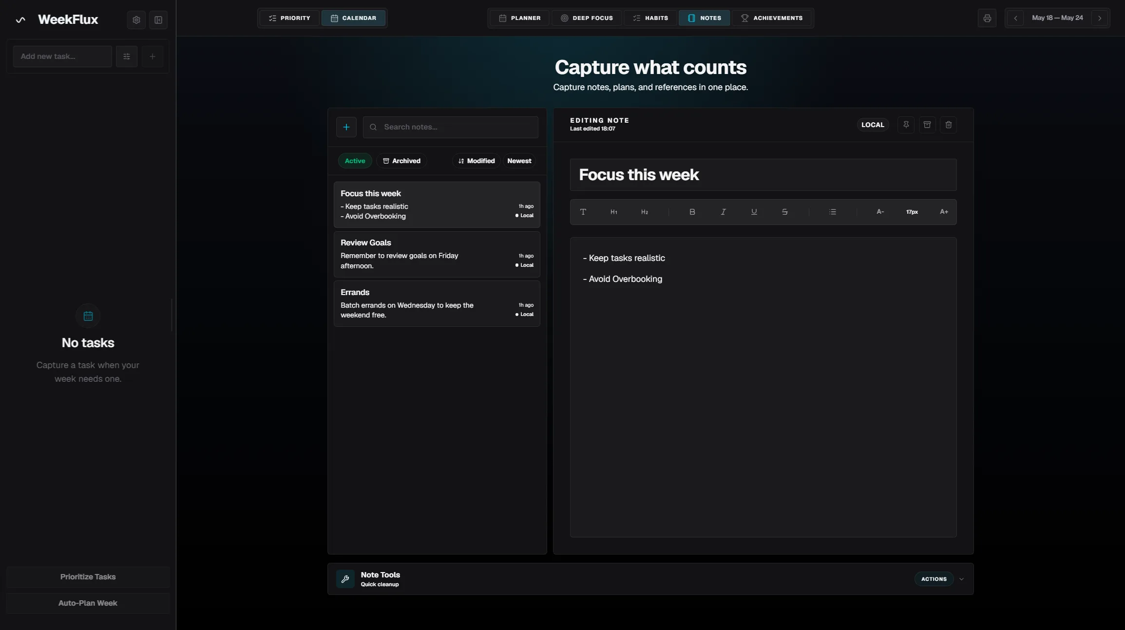 WeekFlux notes view.