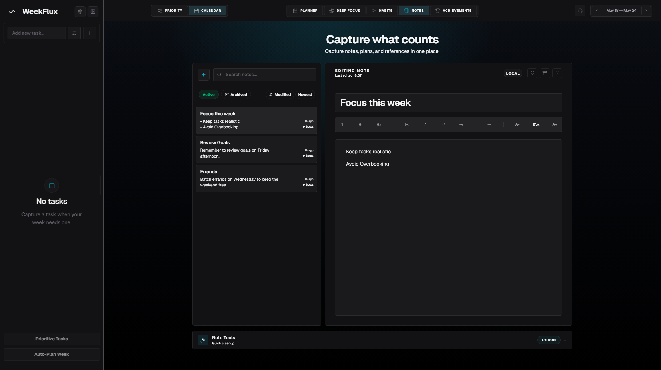 WeekFlux notes view.