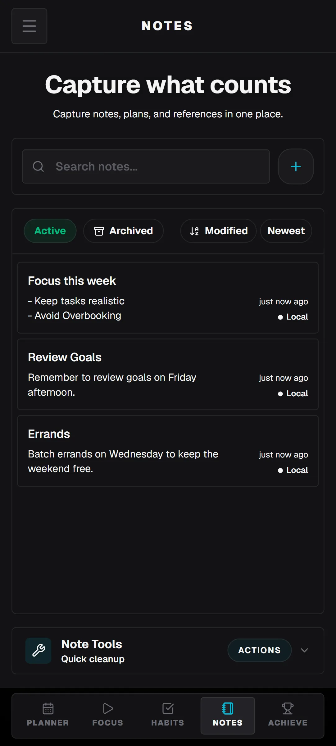 WeekFlux notes view.