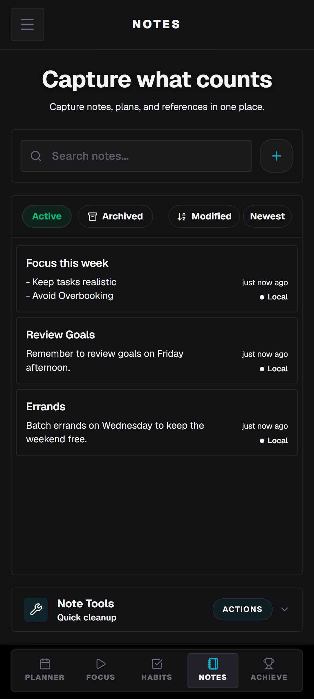 WeekFlux notes view.