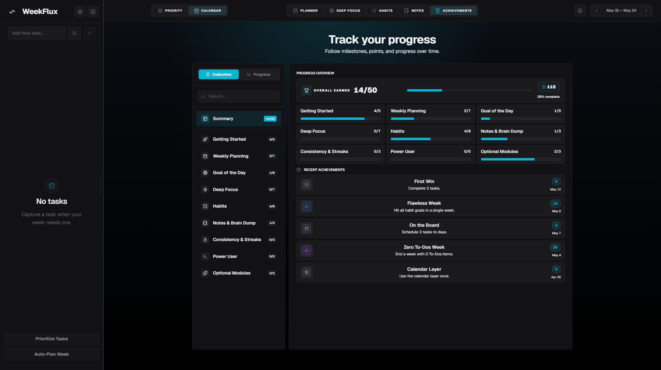 WeekFlux achievements screen.