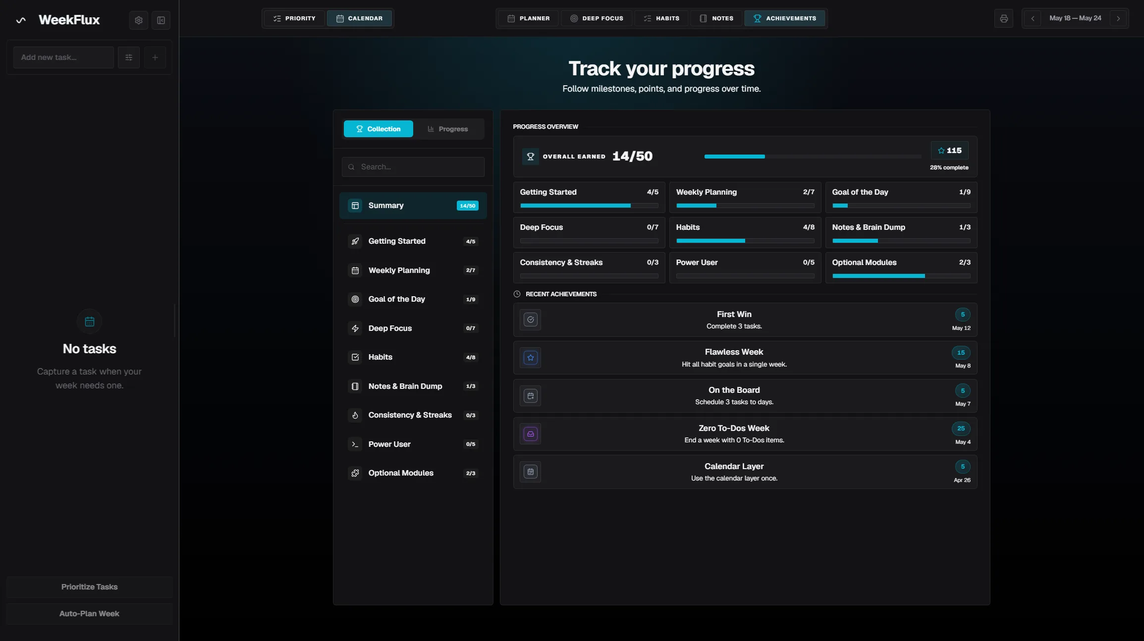 WeekFlux achievements screen.