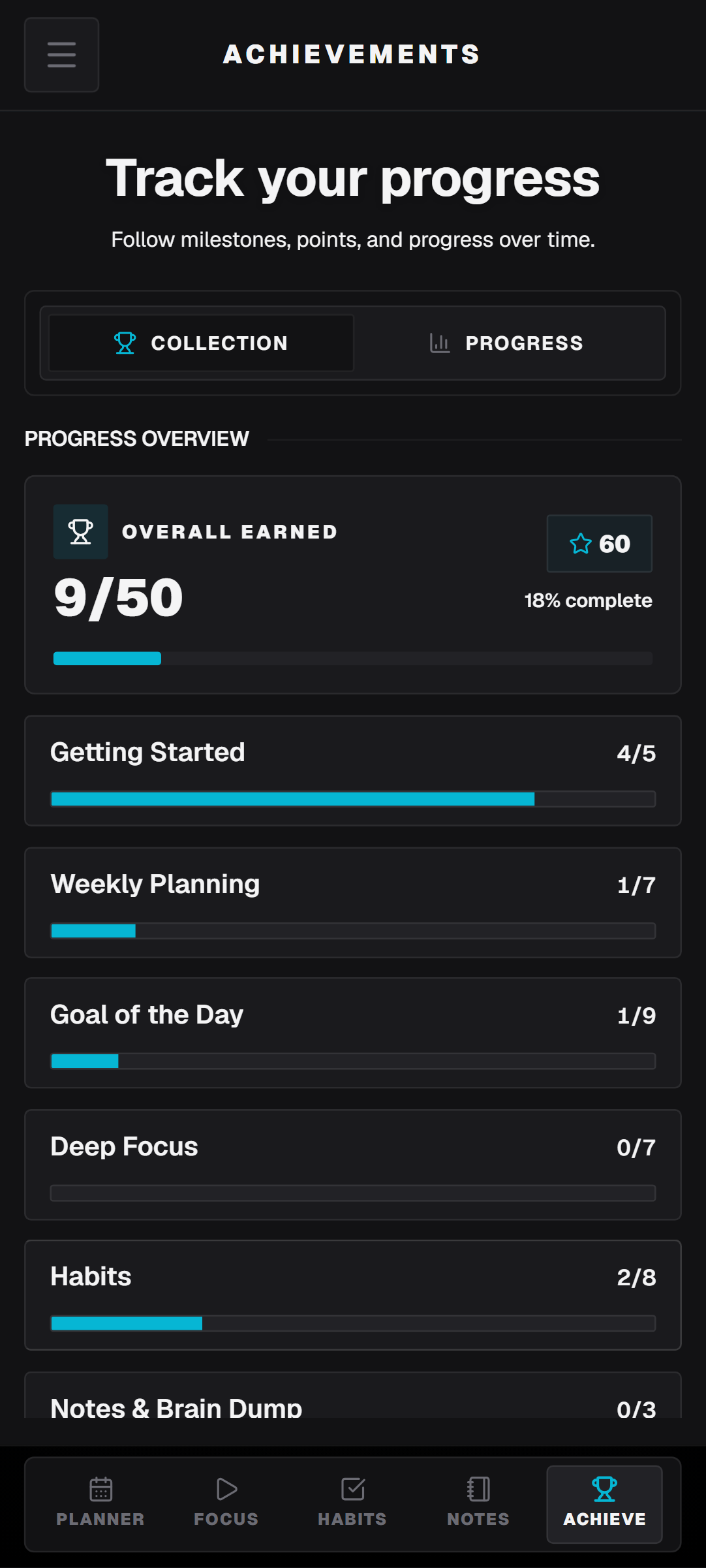 WeekFlux achievements screen.