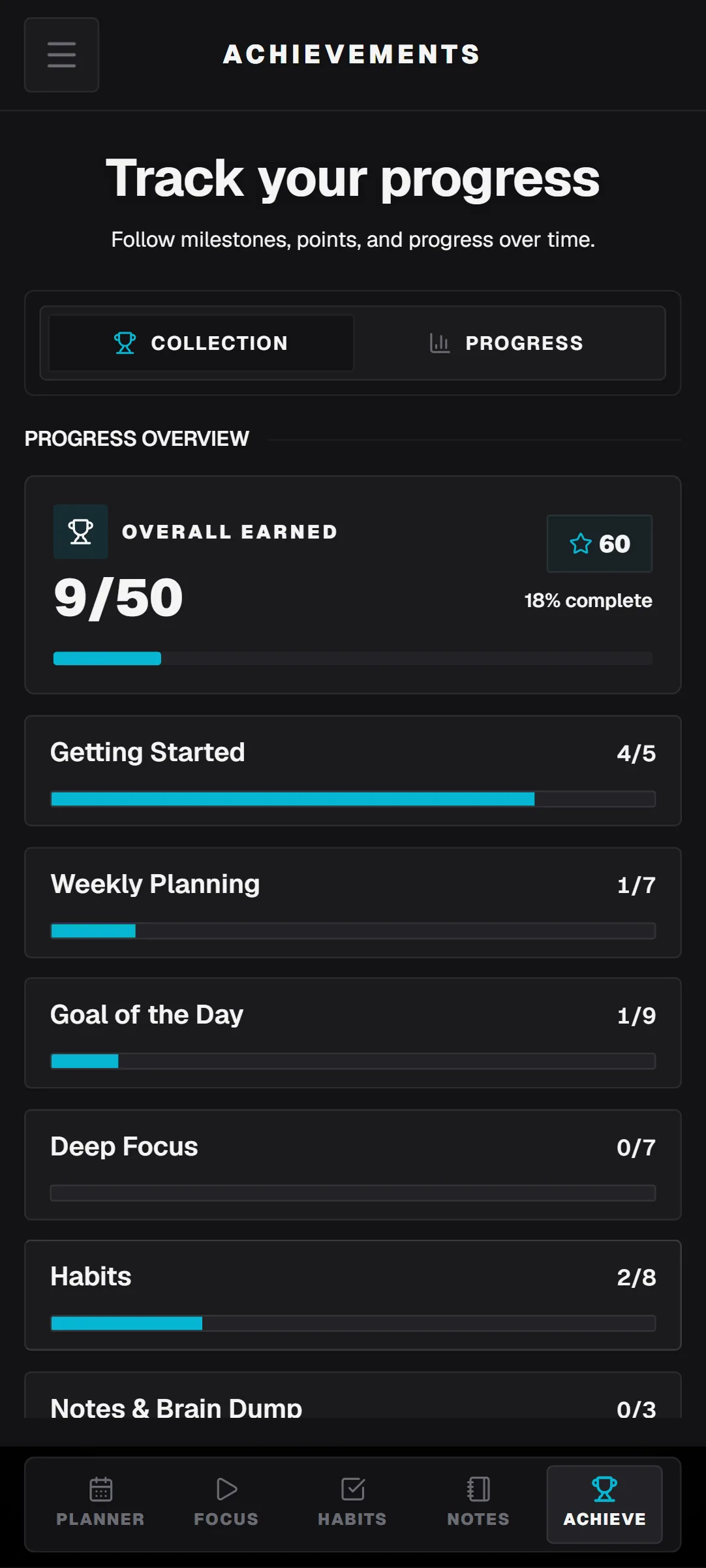 WeekFlux achievements screen.