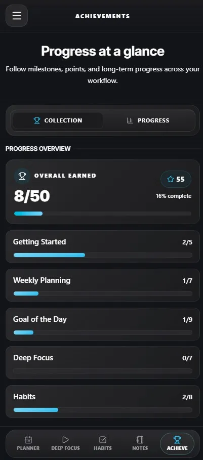 WeekFlux achievements screen.