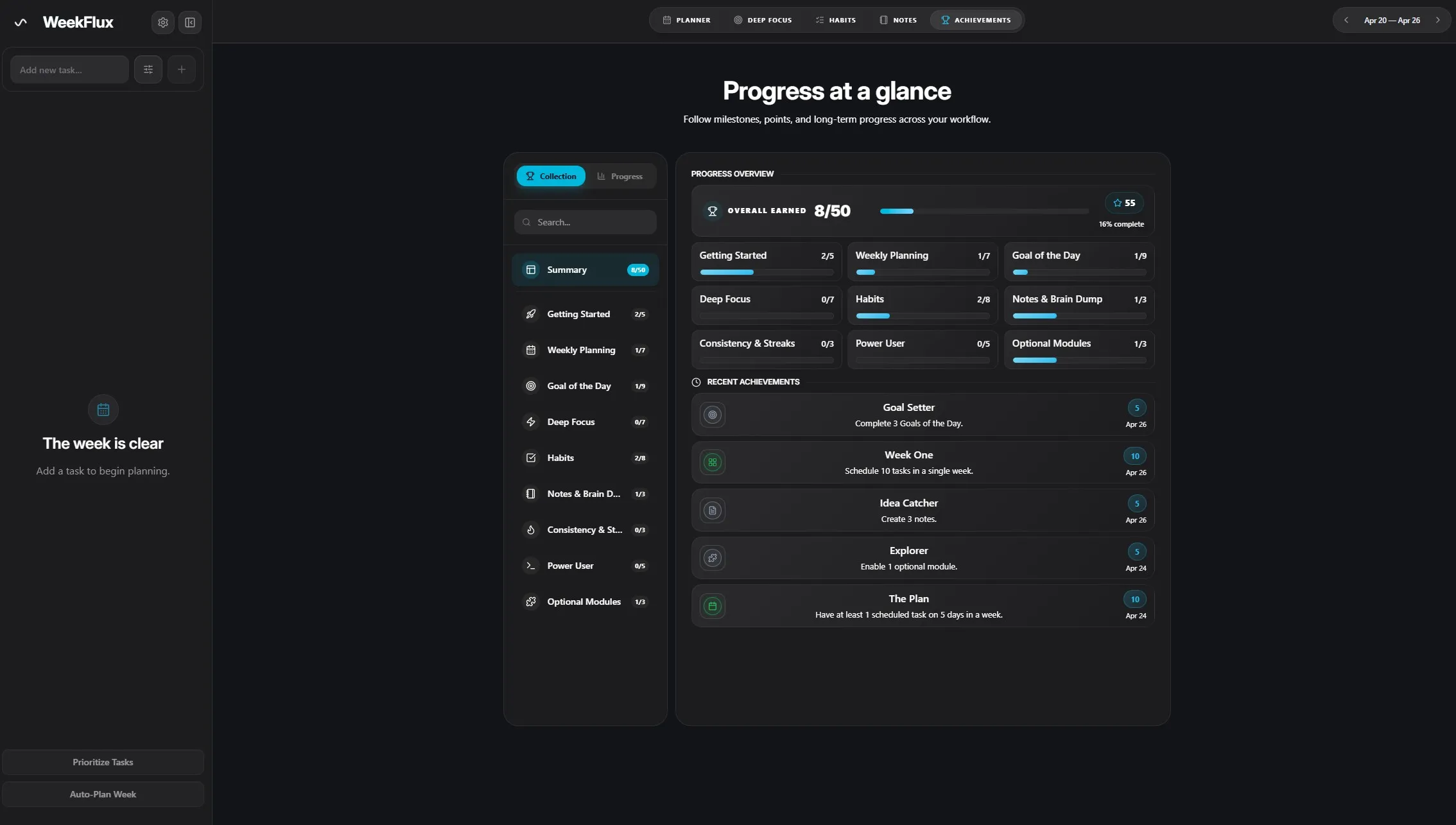 WeekFlux achievements screen.