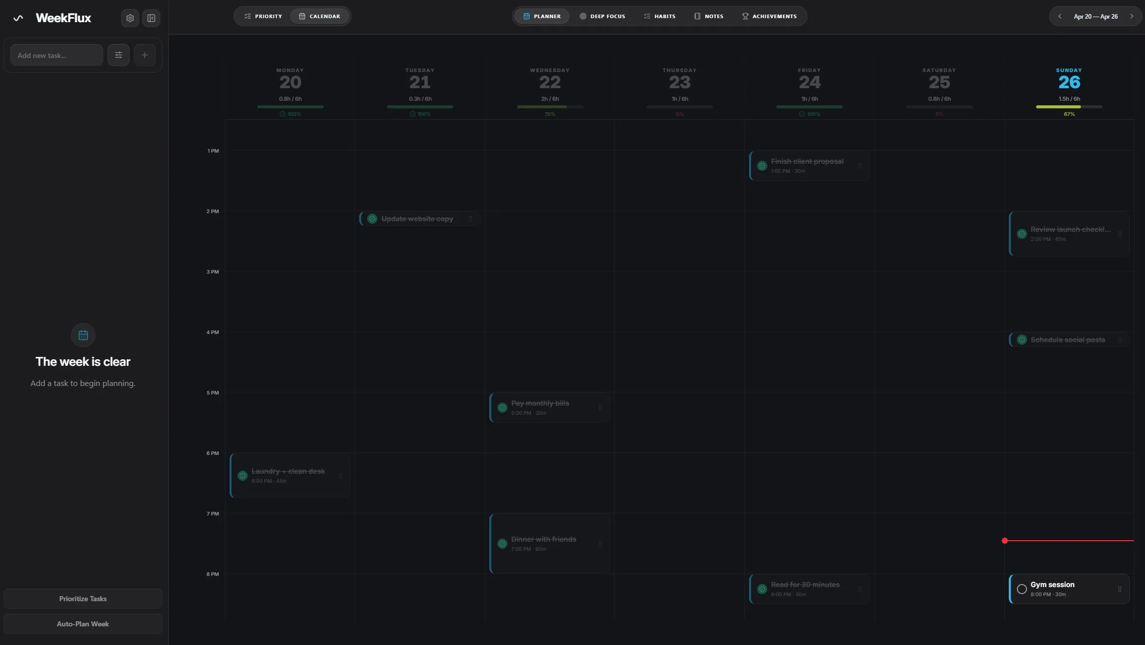 WeekFlux calendar view.