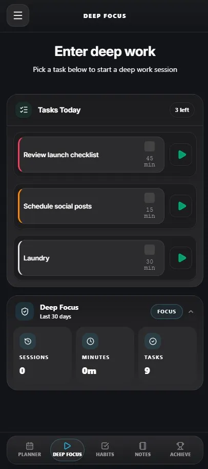 WeekFlux deep focus screen.
