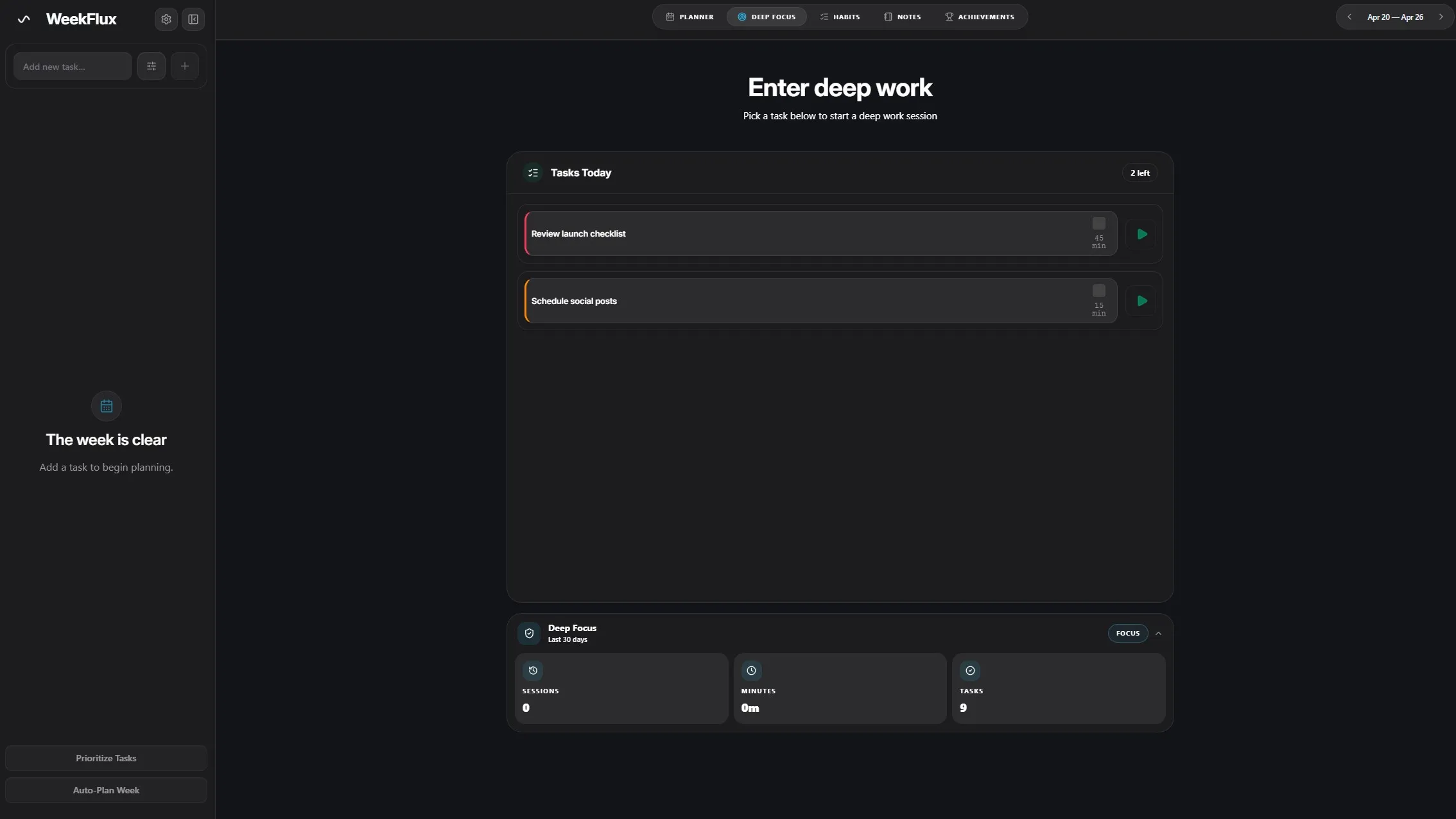 WeekFlux deep focus screen.