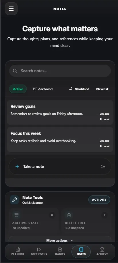 WeekFlux notes view.