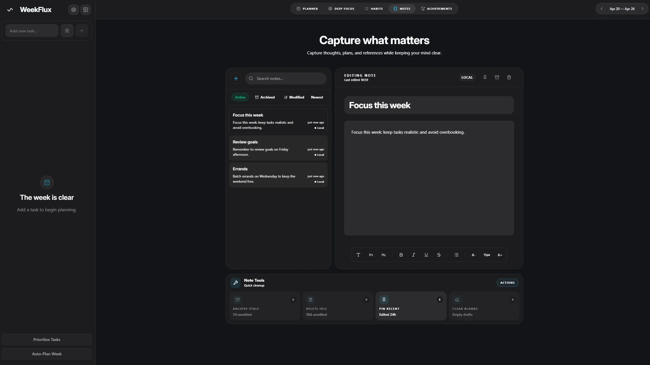 WeekFlux notes view.