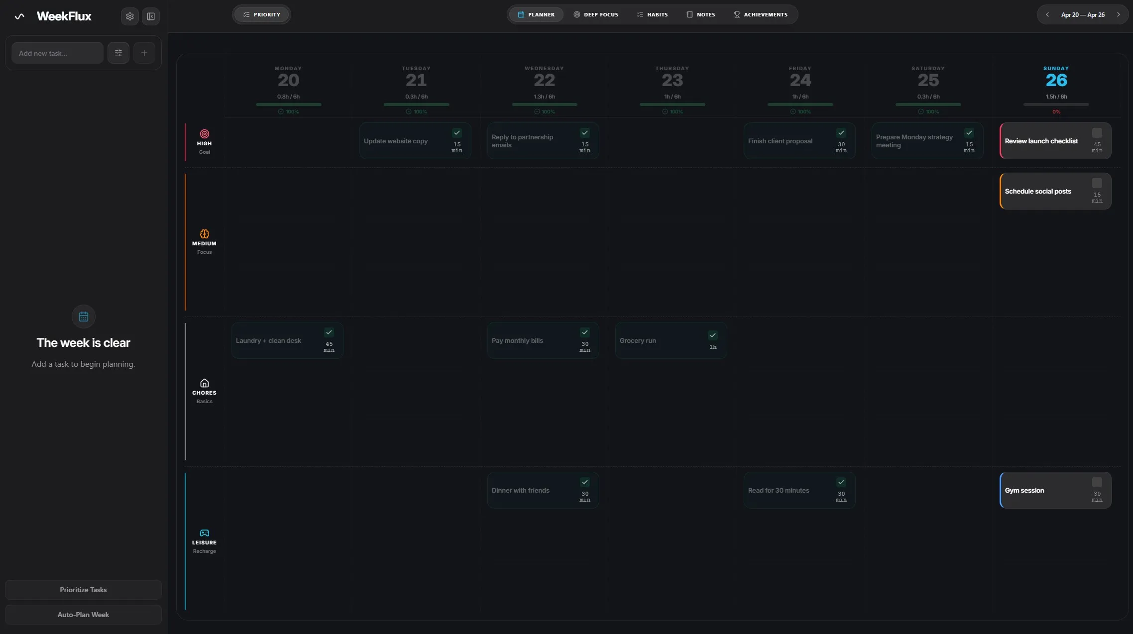 WeekFlux planner board.