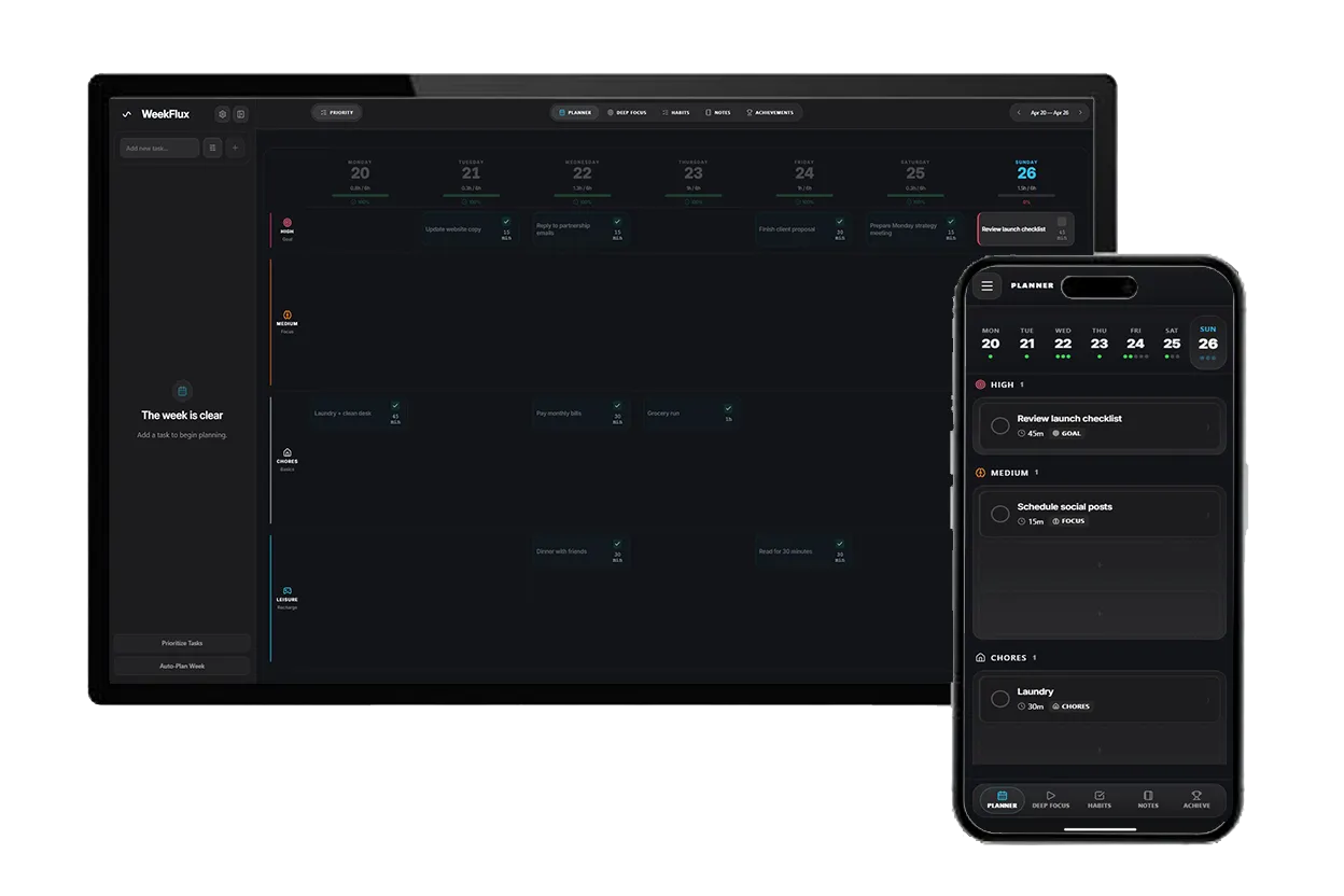 WeekFlux shown across desktop and mobile.
